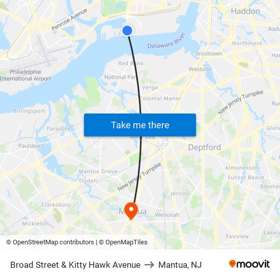 Broad Street & Kitty Hawk Avenue to Mantua, NJ map