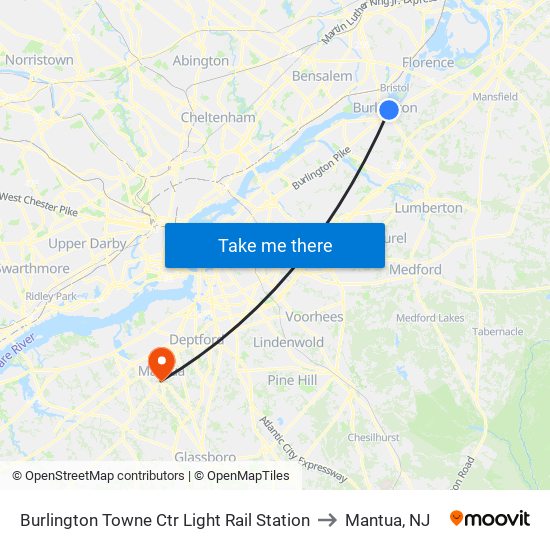 Burlington Towne Ctr Light Rail Station to Mantua, NJ map