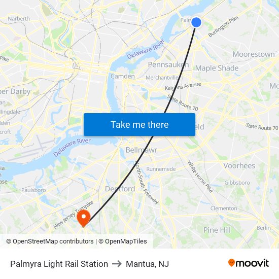 Palmyra Light Rail Station to Mantua, NJ map