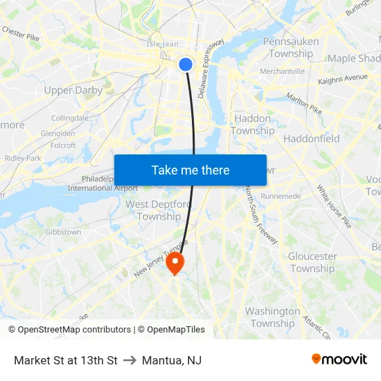 Market St at 13th St to Mantua, NJ map