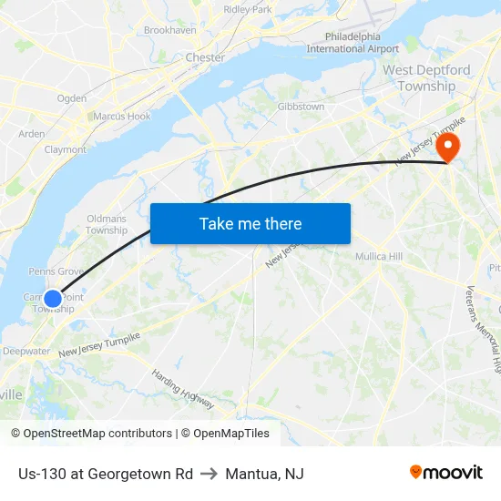 Us-130 at Georgetown Rd to Mantua, NJ map