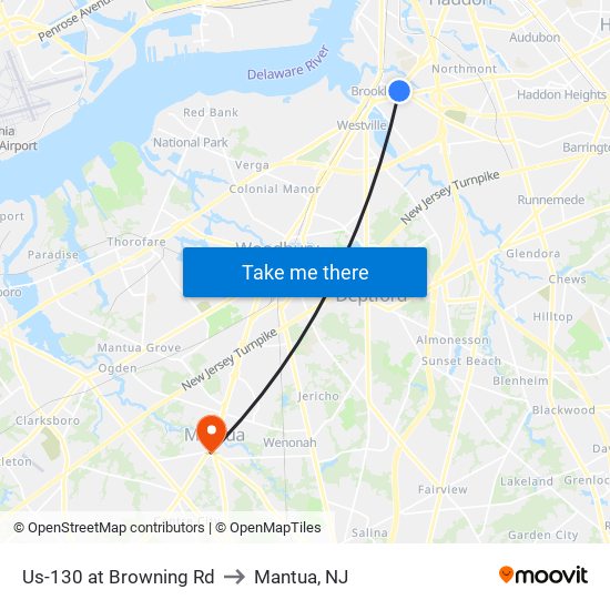 Us-130 at Browning Rd to Mantua, NJ map