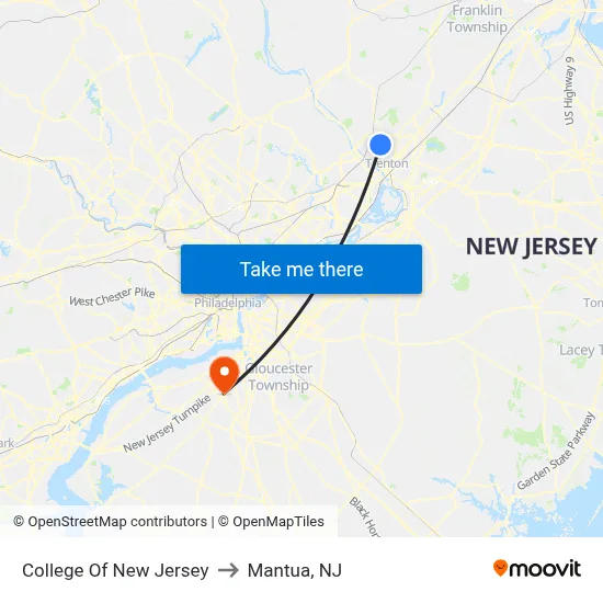 College Of New Jersey to Mantua, NJ map