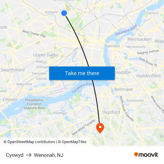 Cynwyd to Wenonah, NJ map