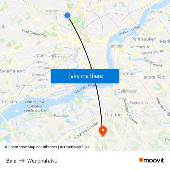 Bala to Wenonah, NJ map