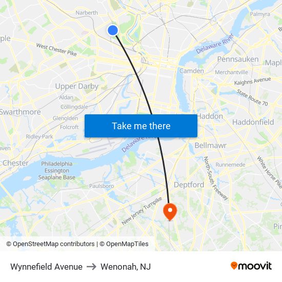 Wynnefield Avenue to Wenonah, NJ map
