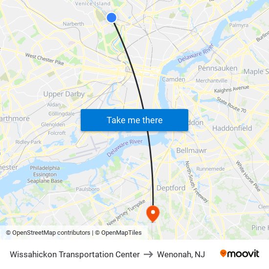 Wissahickon Transportation Center to Wenonah, NJ map