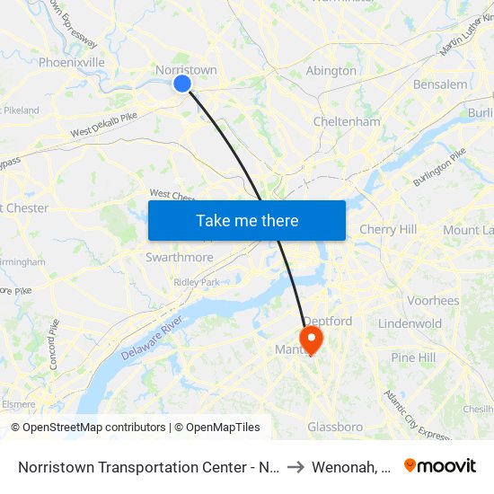 Norristown Transportation Center - Nhsl to Wenonah, NJ map