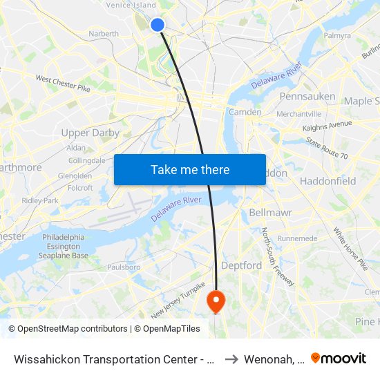 Wissahickon Transit Center to Wenonah, NJ map