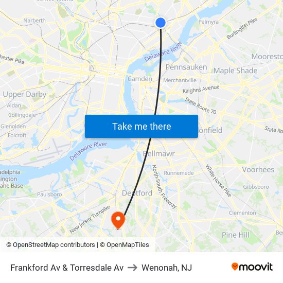 Frankford Av & Torresdale Av to Wenonah, NJ map