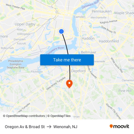 Oregon Av & Broad St to Wenonah, NJ map