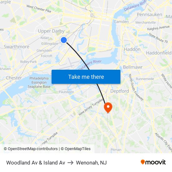 Woodland Av & Island Av to Wenonah, NJ map