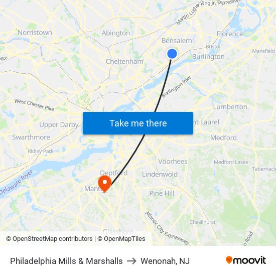 Philadelphia Mills & Marshalls to Wenonah, NJ map