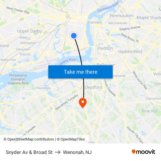 Snyder Av & Broad St to Wenonah, NJ map
