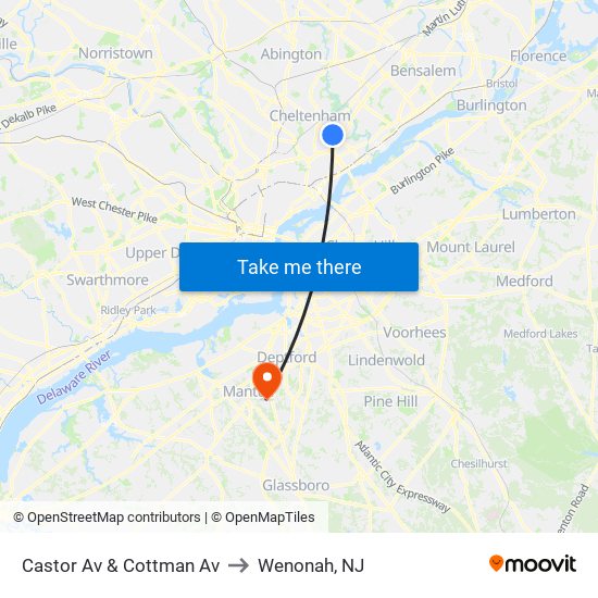 Castor Av & Cottman Av to Wenonah, NJ map