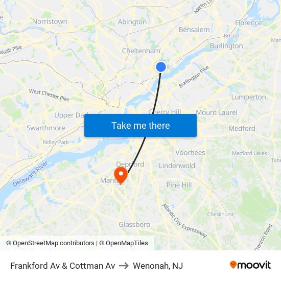 Frankford Av & Cottman Av to Wenonah, NJ map