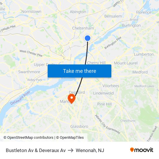 Bustleton Av & Deveraux Av to Wenonah, NJ map