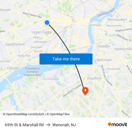 69th St & Marshall Rd to Wenonah, NJ map