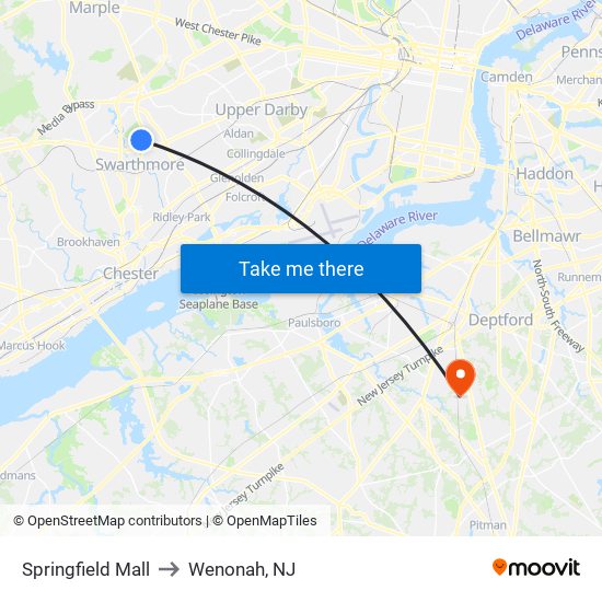 Springfield Mall to Wenonah, NJ map