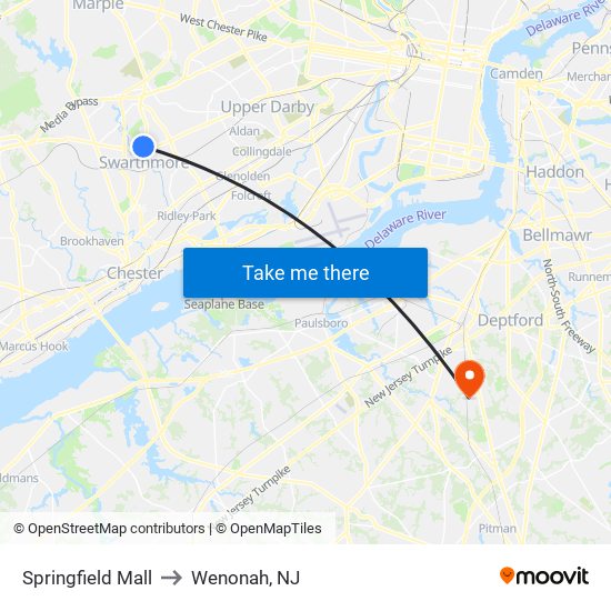 Springfield Mall to Wenonah, NJ map