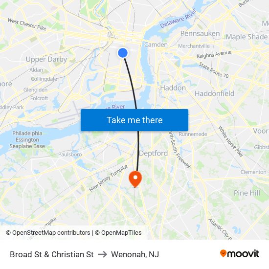 Broad St & Christian St to Wenonah, NJ map