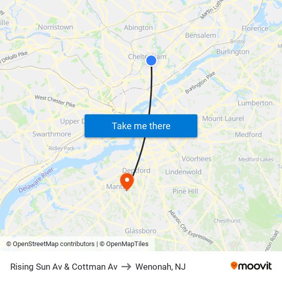 Rising Sun Av & Cottman Av to Wenonah, NJ map