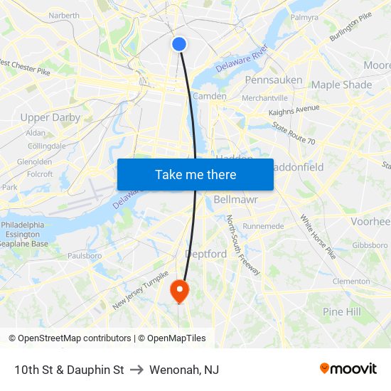 10th St & Dauphin St to Wenonah, NJ map