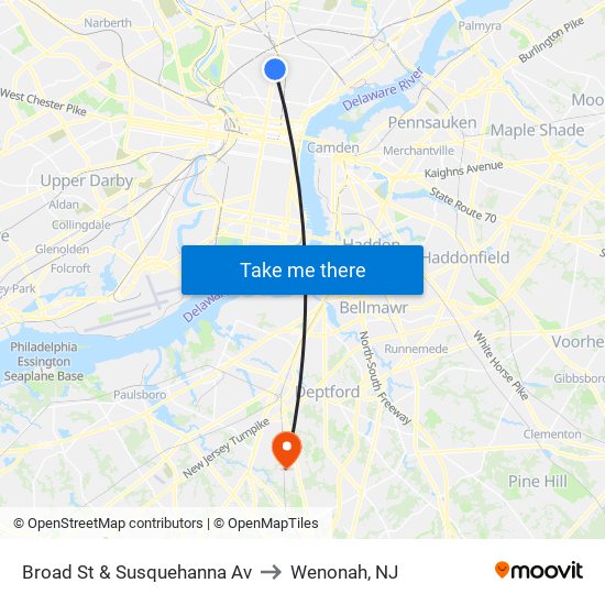 Broad St & Susquehanna Av to Wenonah, NJ map