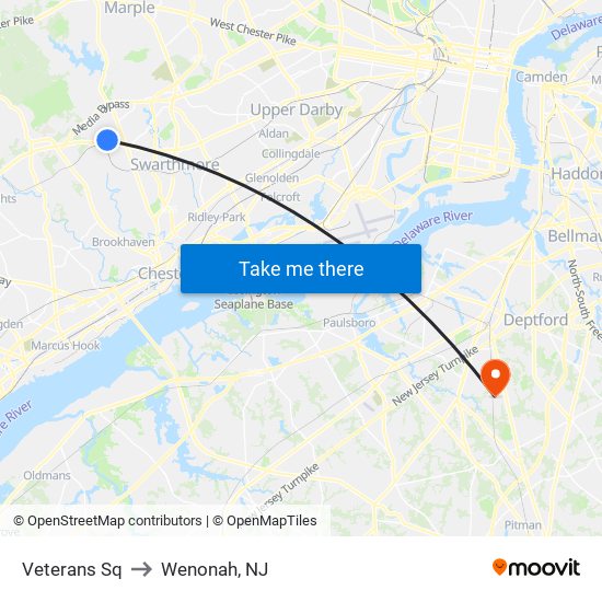 Veterans Sq to Wenonah, NJ map