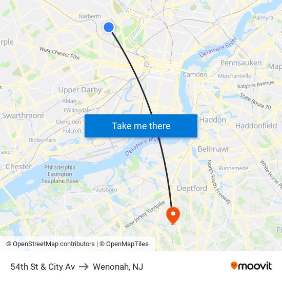 54th St & City Av to Wenonah, NJ map