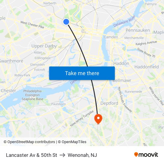 Lancaster Av & 50th St to Wenonah, NJ map