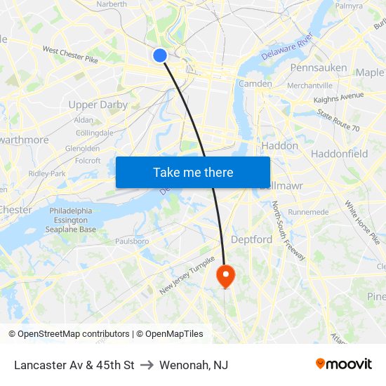 Lancaster Av & 45th St to Wenonah, NJ map