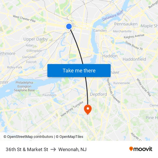 36th St & Market St to Wenonah, NJ map