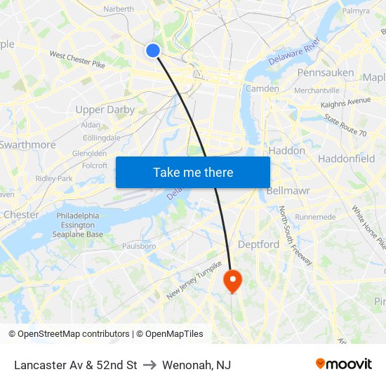 Lancaster Av & 52nd St to Wenonah, NJ map