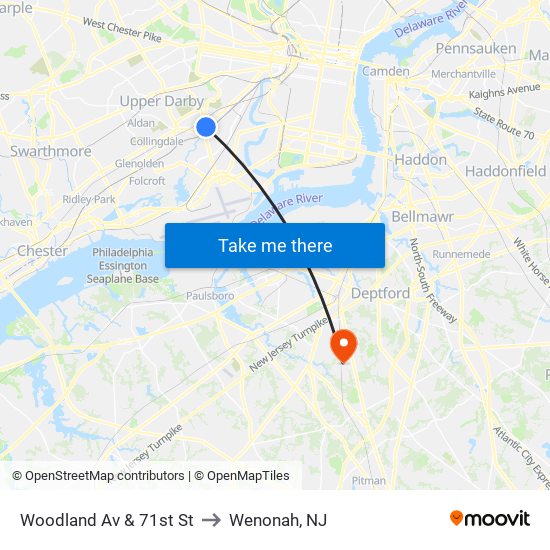 Woodland Av & 71st St to Wenonah, NJ map