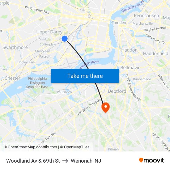 Woodland Av & 69th St to Wenonah, NJ map