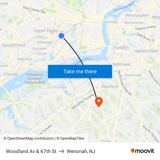 Woodland Av & 67th St to Wenonah, NJ map