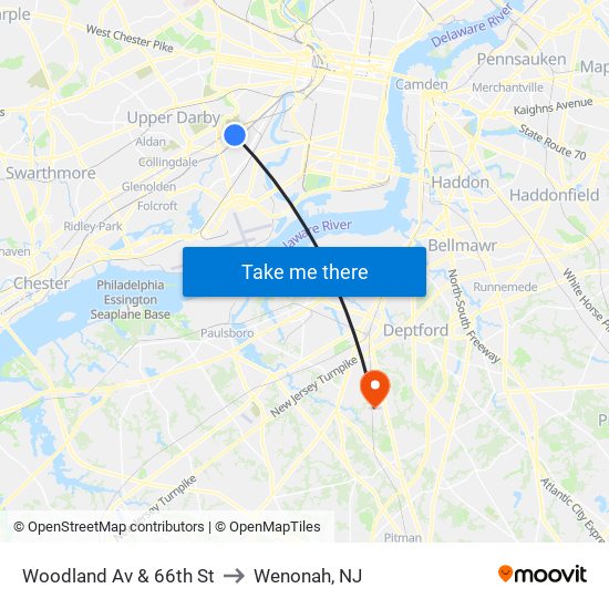 Woodland Av & 66th St to Wenonah, NJ map