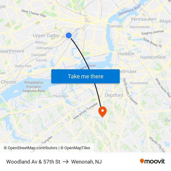 Woodland Av & 57th St to Wenonah, NJ map