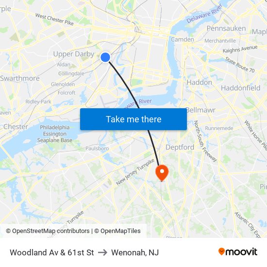 Woodland Av & 61st St to Wenonah, NJ map
