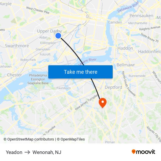 Yeadon to Wenonah, NJ map