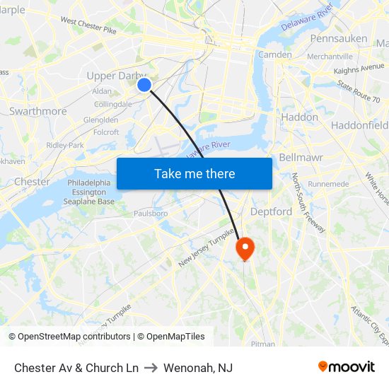 Chester Av & Church Ln to Wenonah, NJ map
