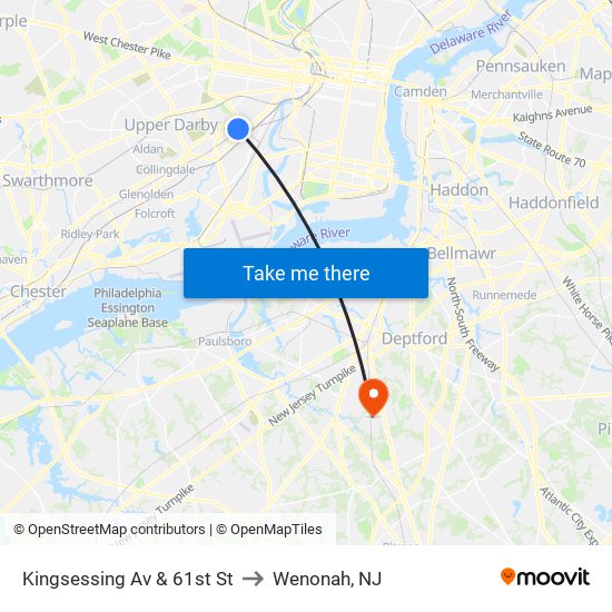 Kingsessing Av & 61st St to Wenonah, NJ map