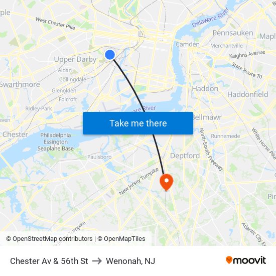Chester Av & 56th St to Wenonah, NJ map