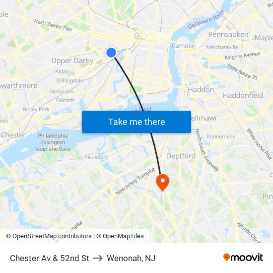 Chester Av & 52nd St to Wenonah, NJ map