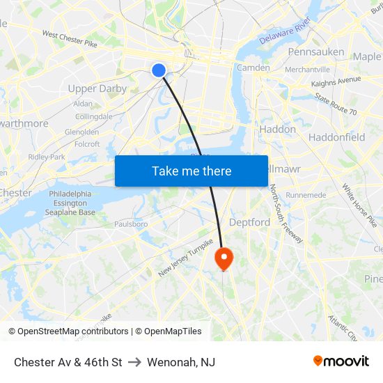 Chester Av & 46th St to Wenonah, NJ map