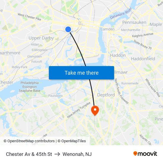 Chester Av & 45th St to Wenonah, NJ map