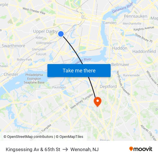 Kingsessing Av & 65th St to Wenonah, NJ map