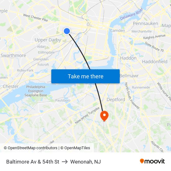 Baltimore Av & 54th St to Wenonah, NJ map