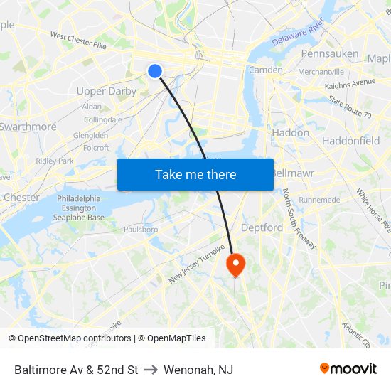Baltimore Av & 52nd St to Wenonah, NJ map